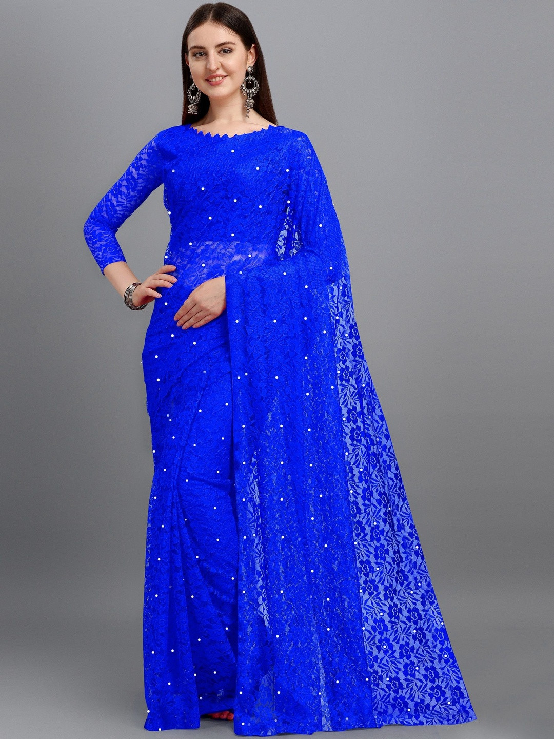 fashion field Floral woven design Beads and Stones Work  Net  Saree