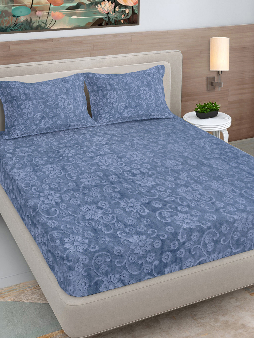 FABINALIV Banarasi Blue Floral Wool Skin-Friendly 300 TC Fitted King Fine Bedsheet with 2 Pillow Covers-98 x 89 inches