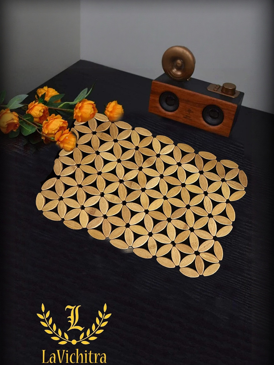 LaVichitra Pack Of 2 Brown Wooden Floral Design Rectangular Table Placemats