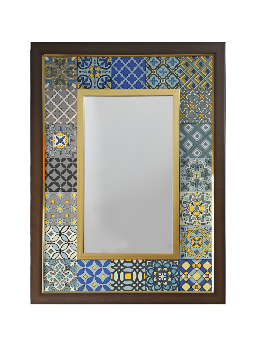 Creative Touch Brown & Blue Printed Wooden Rectangular Shaped Wall Mirror