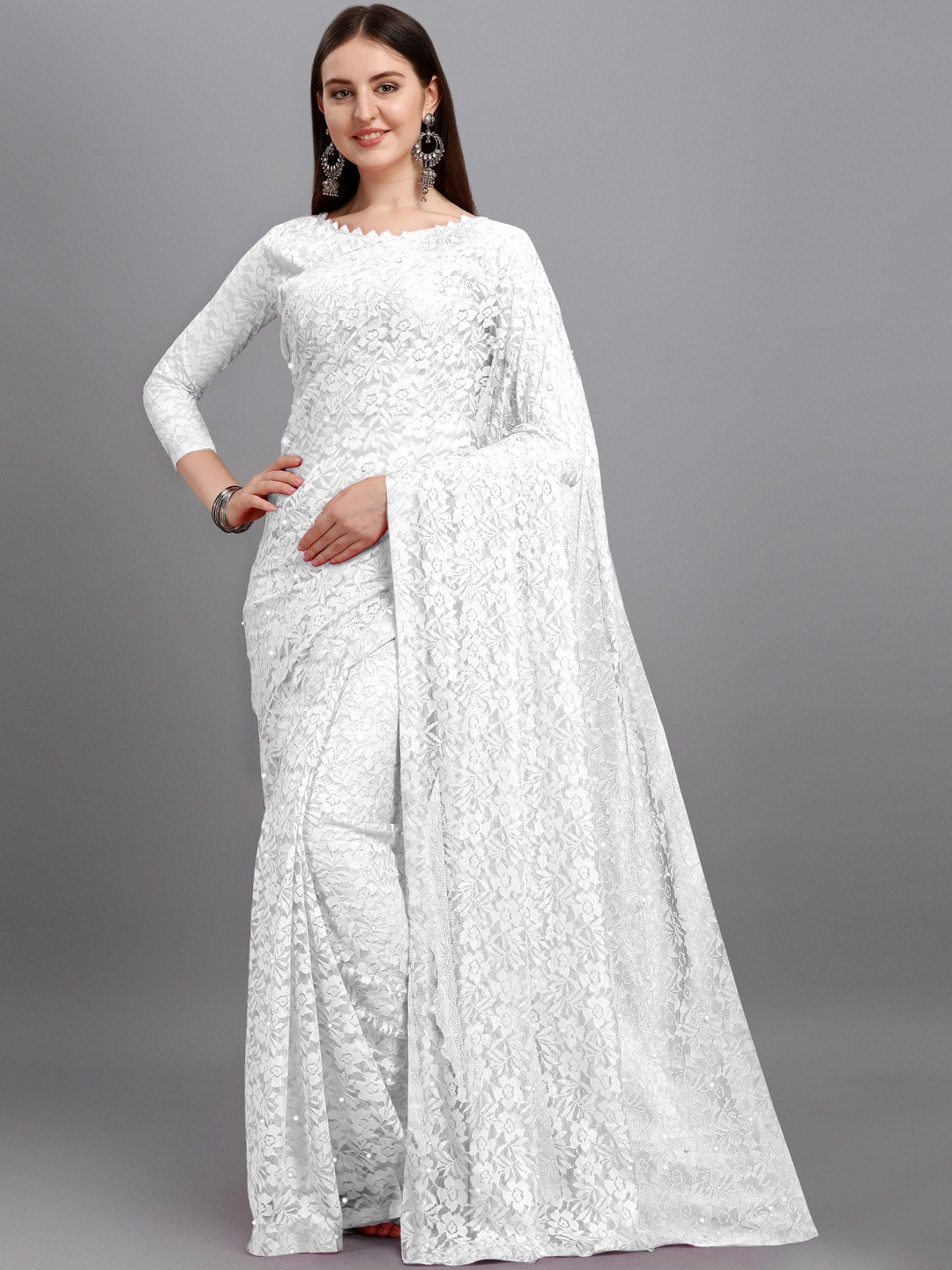 fashion field Women Embellished Sequinned Net Heavy Work Saree