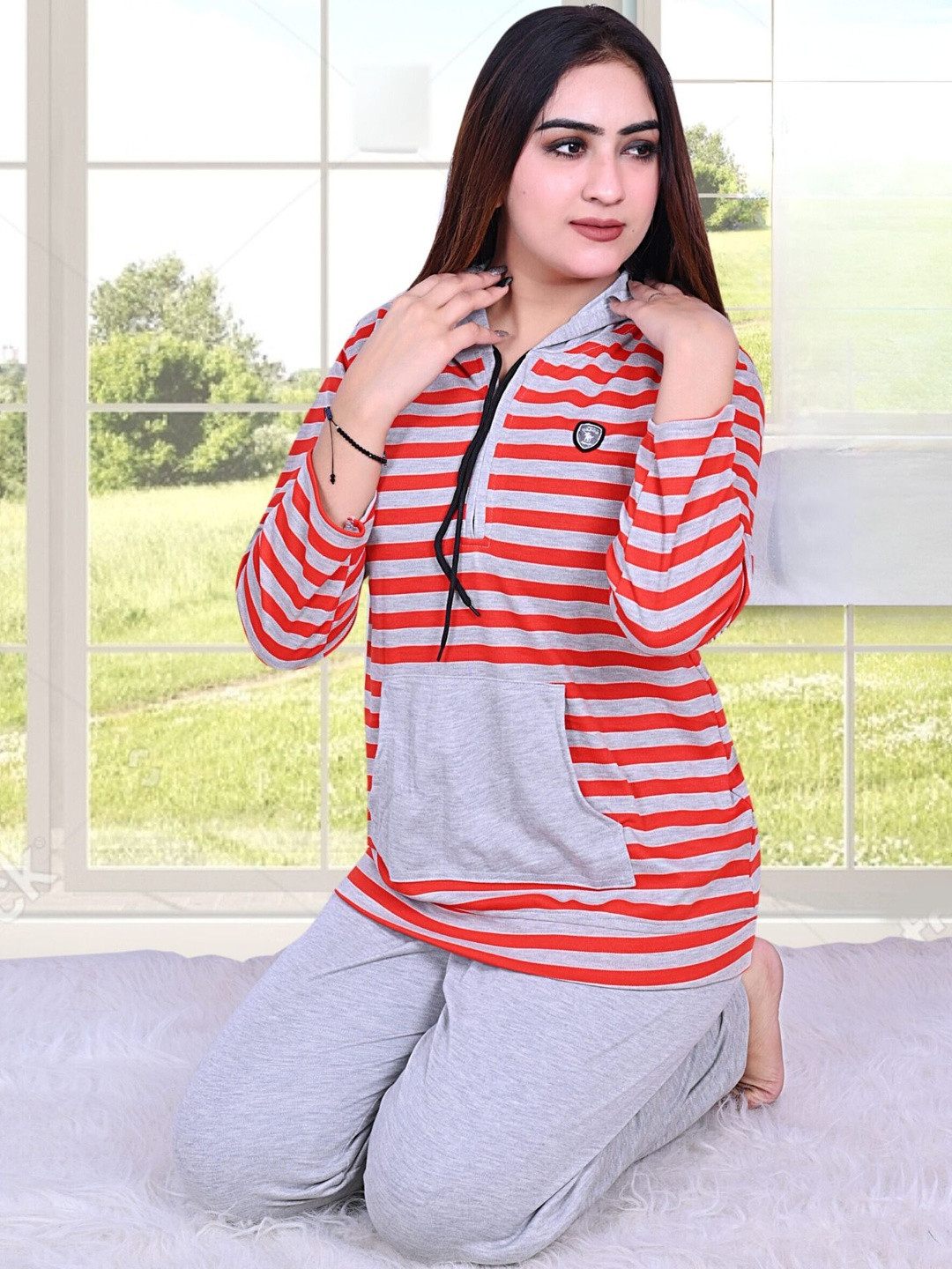 Clothus Women Red Satin Printed Night suits