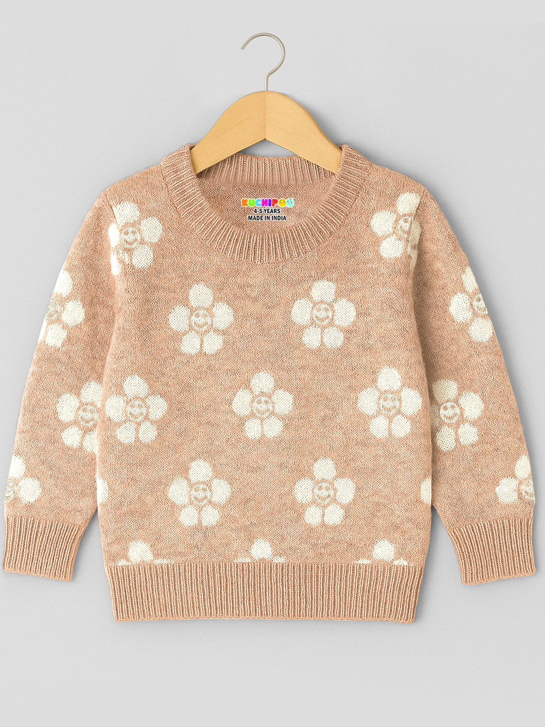 KUCHIPOO Girls Beige Folar Printed Polyester Regular Fit Winterwear Sweater