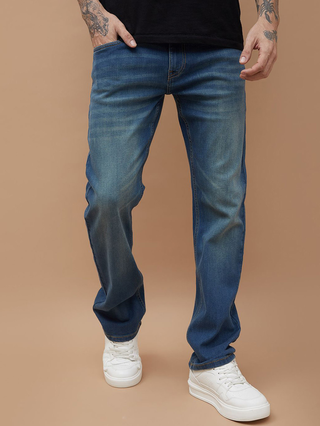 Forca by Lifestyle Men Solid Mid-Rise Light Fade Stretchable Straight Fit Jeans