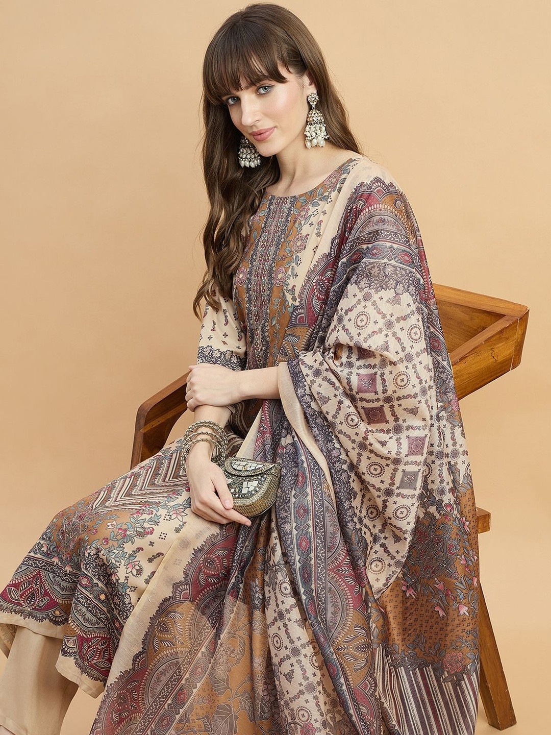 Anouk Mirage Women Aari Hand Work Digital Printed Kurta with Trousers & Dupatta
