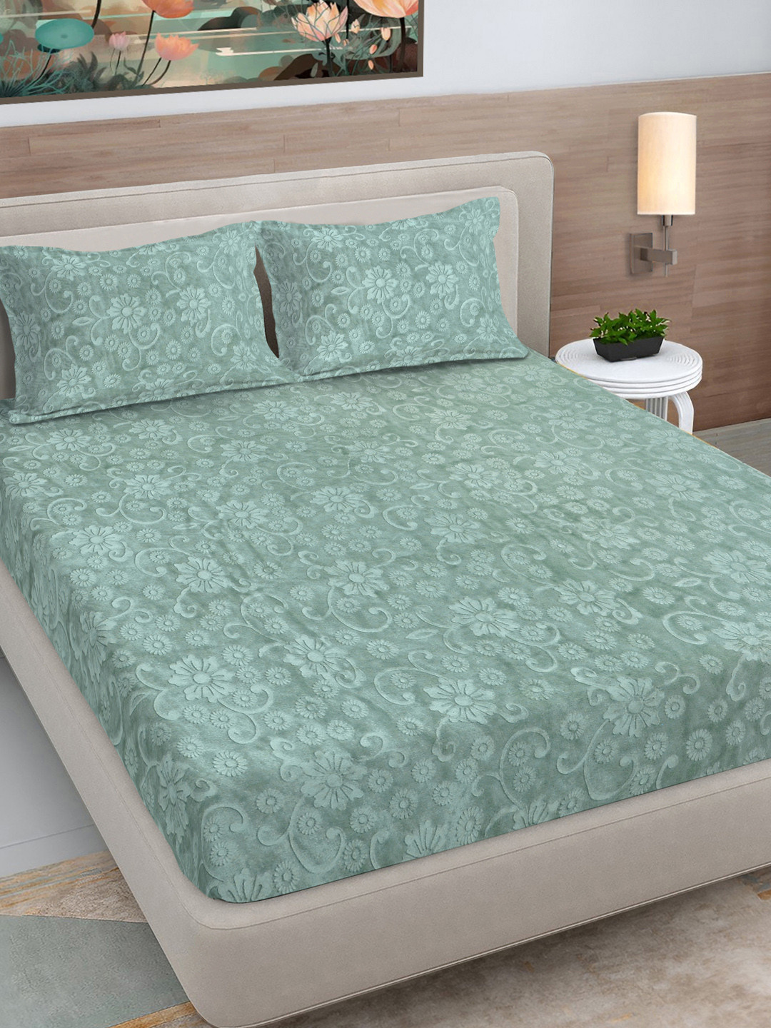 FABINALIV Green Floral Wool Skin-Friendly 300 TC Fitted King Fine Bedsheet with 2 Pillow Covers-98 x 89 inches