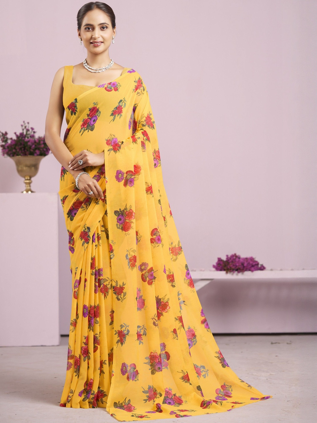 Garden Vareli Floral Pure Chiffon Saree Without Blouse Piece