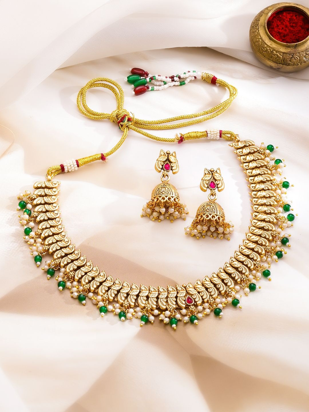 Rubans 22K Gold-Plated Green Beads, Pearls & Ruby Red Stones Traditional Necklace Set