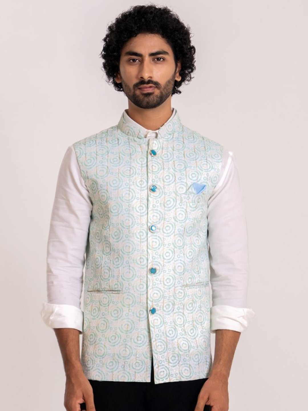 Lightpole Men Round Circle Printed and Lining Work Nehru Jacket