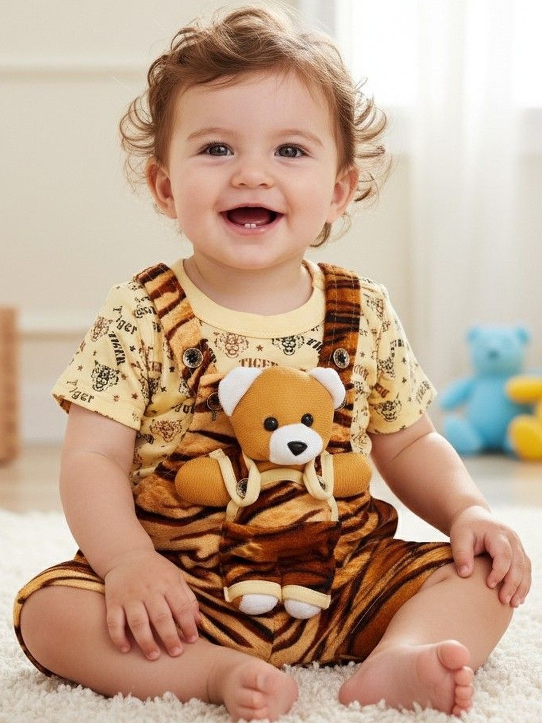 Pohar Creation Kids Animal Print Teddy Studded Dungaree Set