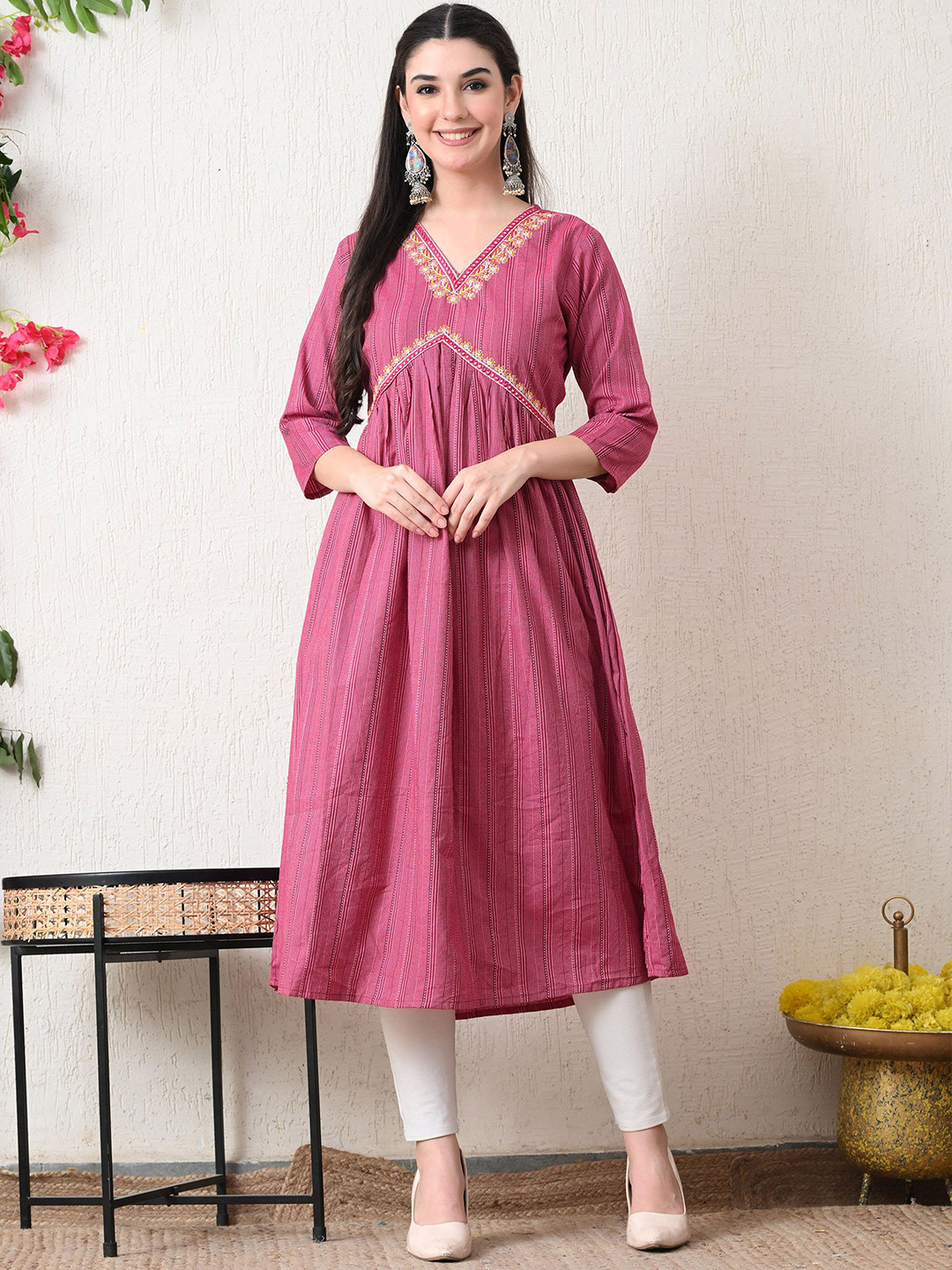VAALI Women Striped Embroidered Festive Cotton Anarkali Kurta