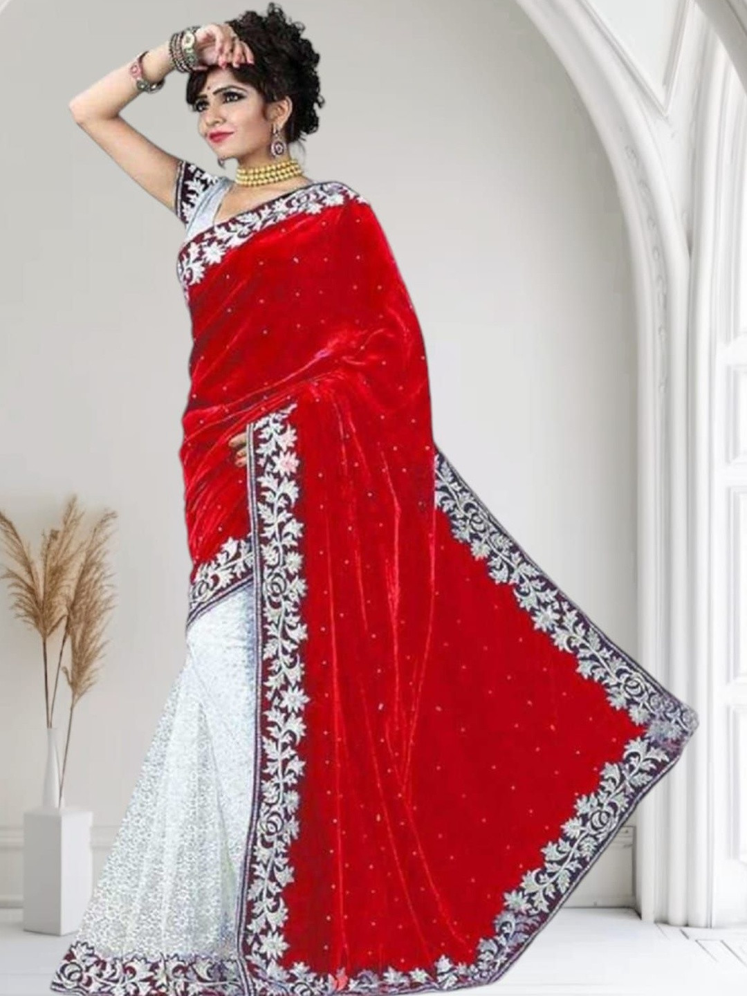fashion field Ethnic Motifs Embellished Velvet Heavy Work Saree