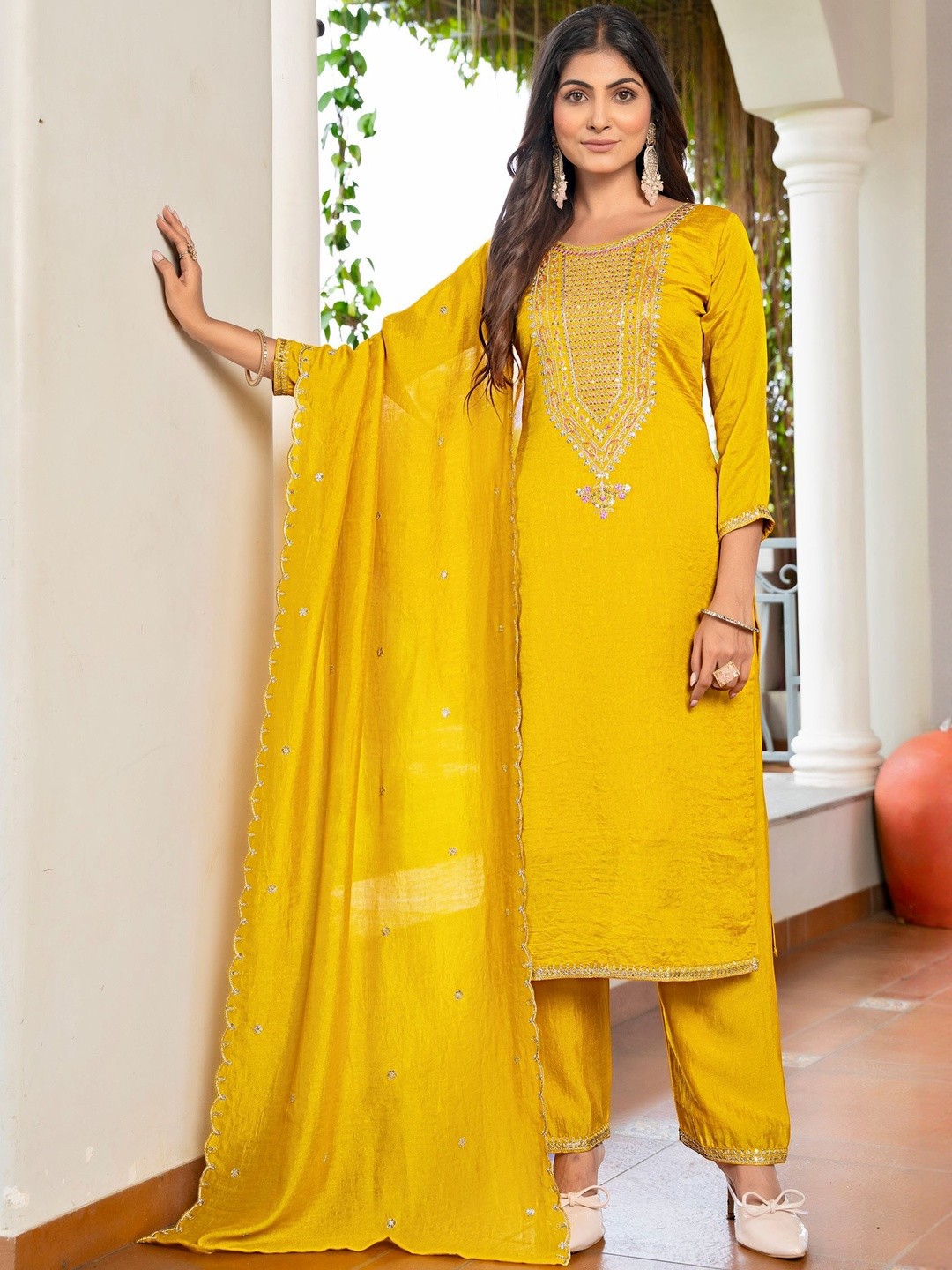 J.KANJI Ethnic Motifs Embroidered Dupion Silk Round Neck Kurta With Trouser & Dupatta