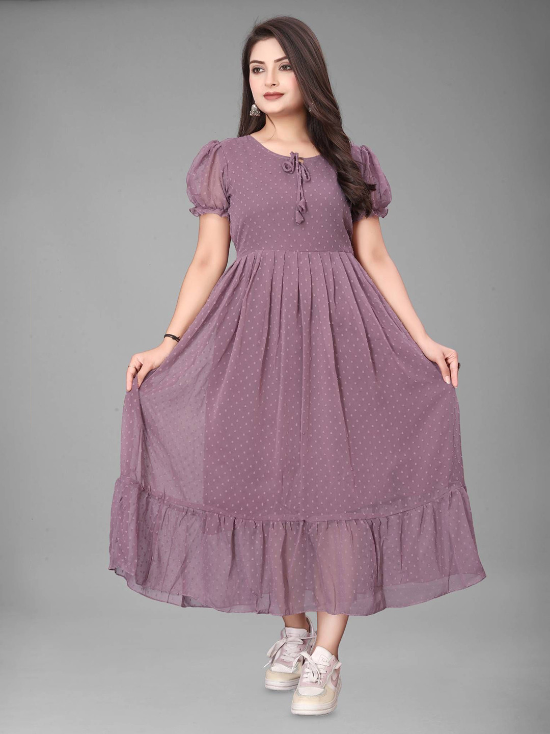 QENA Women Self Design Gathered or Pleated Puff Sleeve Fit and Flare Midi Dress