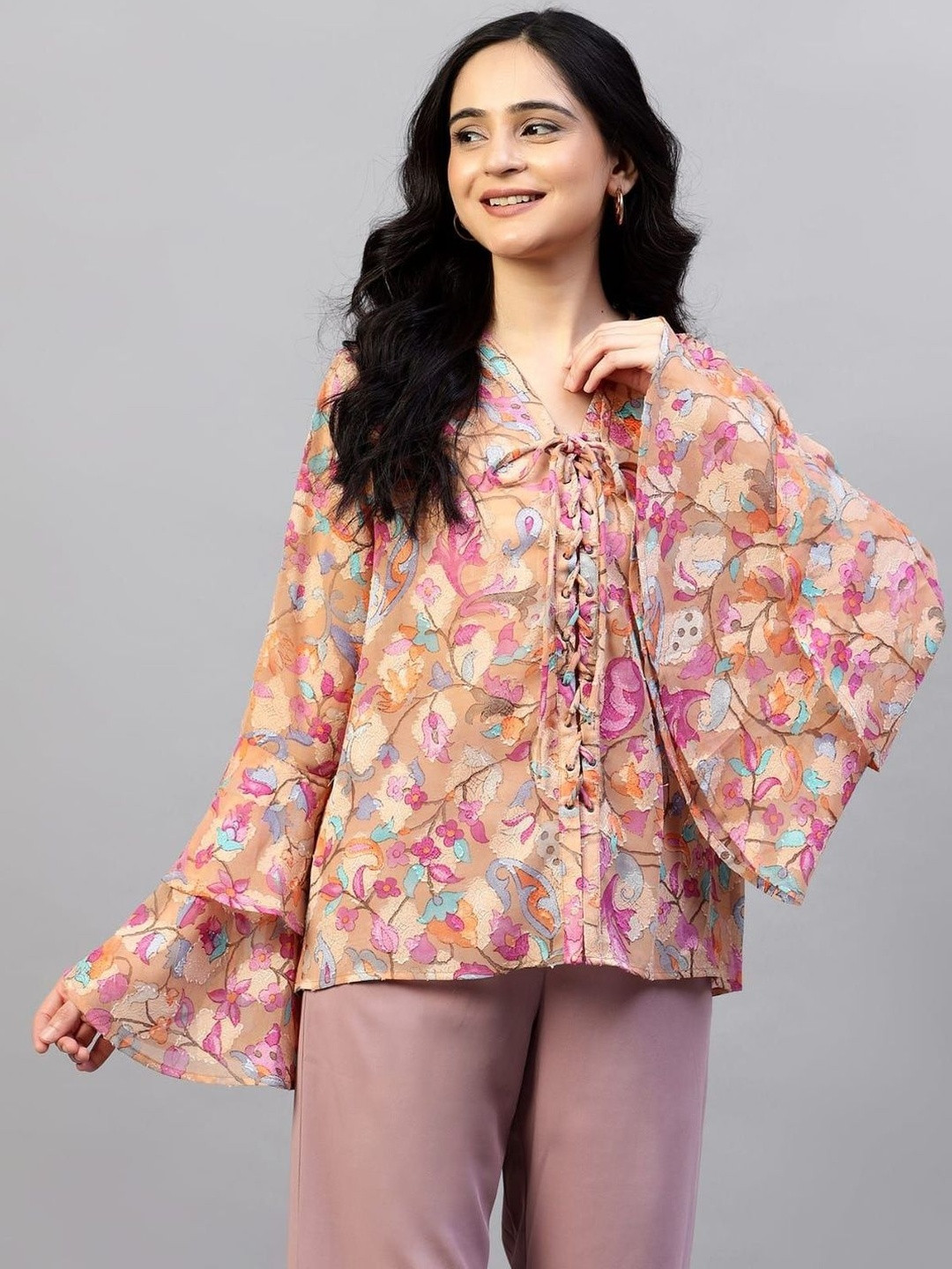 WAY SAFE Floral Print Tie-Up Neck Bell Sleeve Ruffles Top
