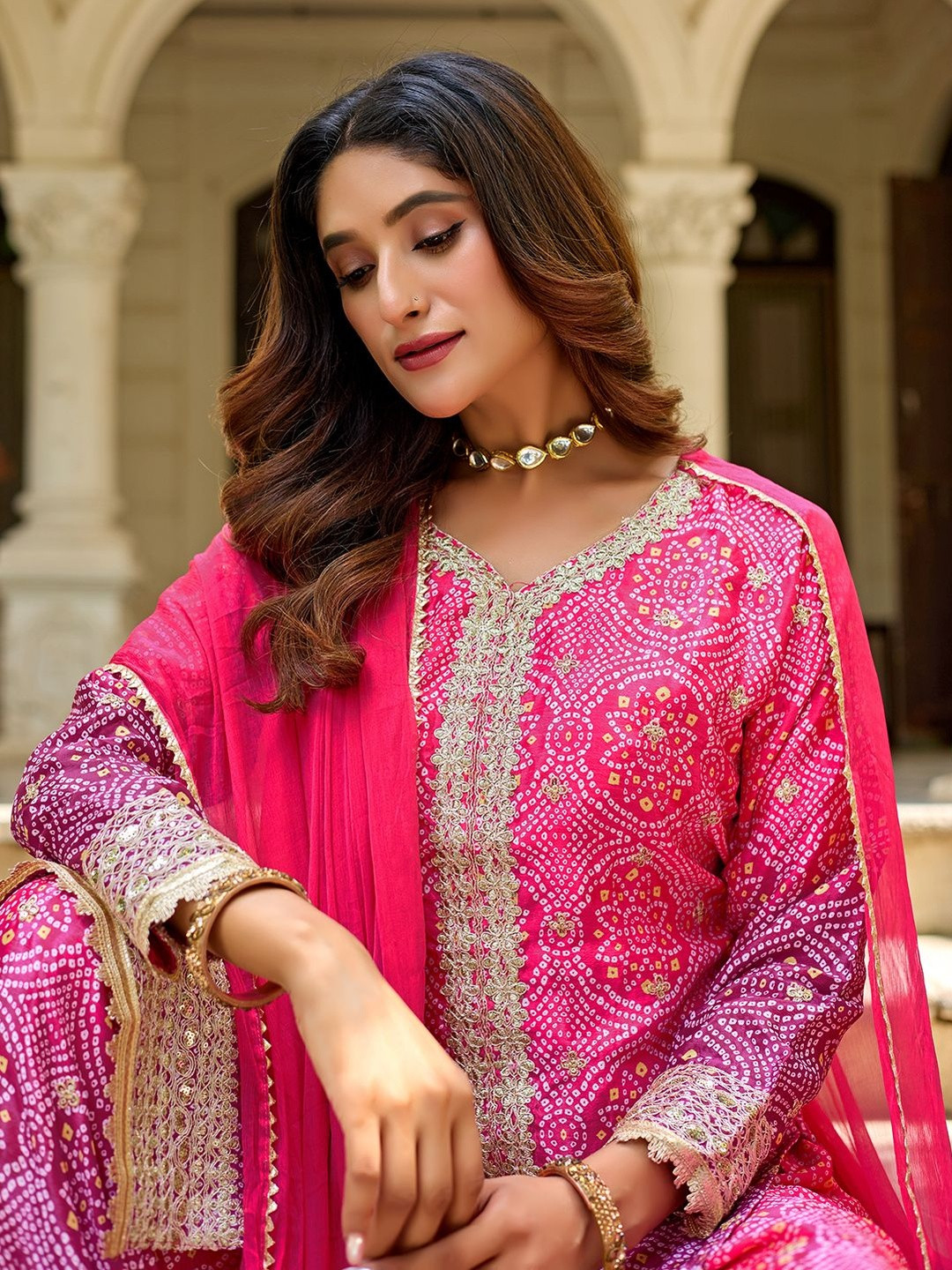 ANVERI TEXTILES Printed V-Neck Gotta Patti Pure Silk StraightKurta With Palazzos & Dupatta