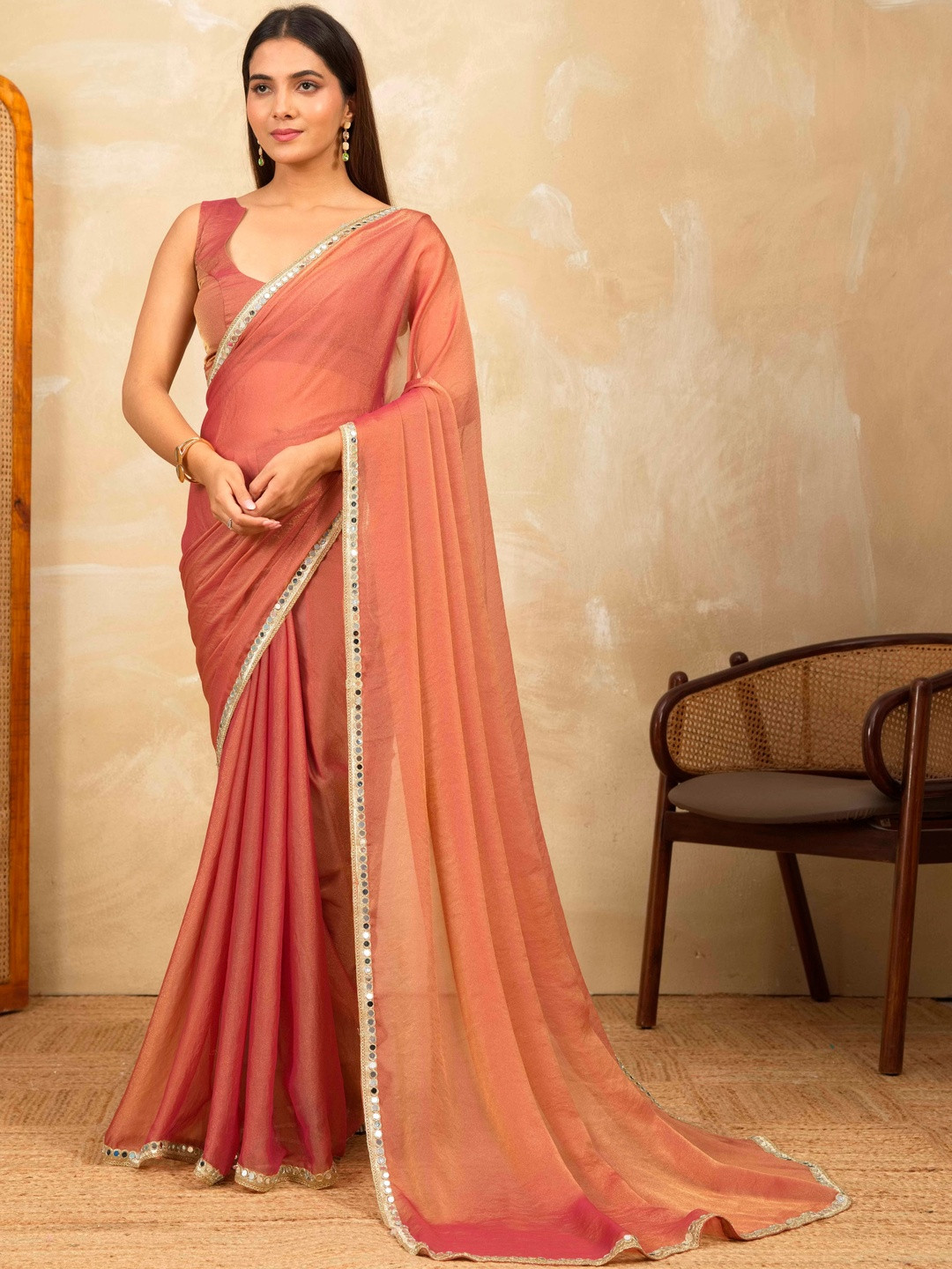 HOUSE OF MIRA Mirror Work Satin Heavy Work Saree With Unstitched Blouse