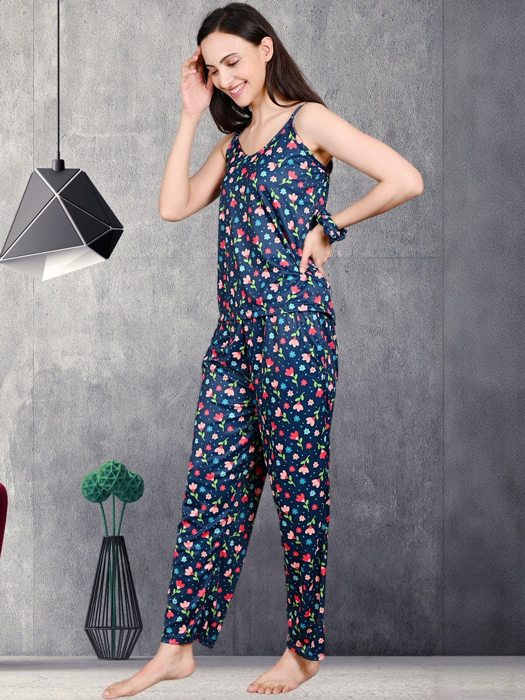 Clothus Floral Printed Shirt Collar Shoulder Straps Night Suit