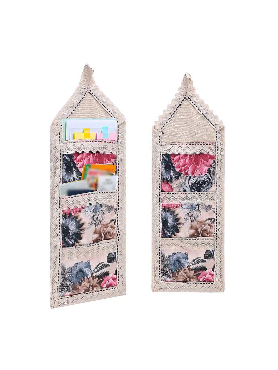 Kuber Industries Cream 2 Pieces Printed Cotton Wall Hanging Document Bag With 3 Pockets