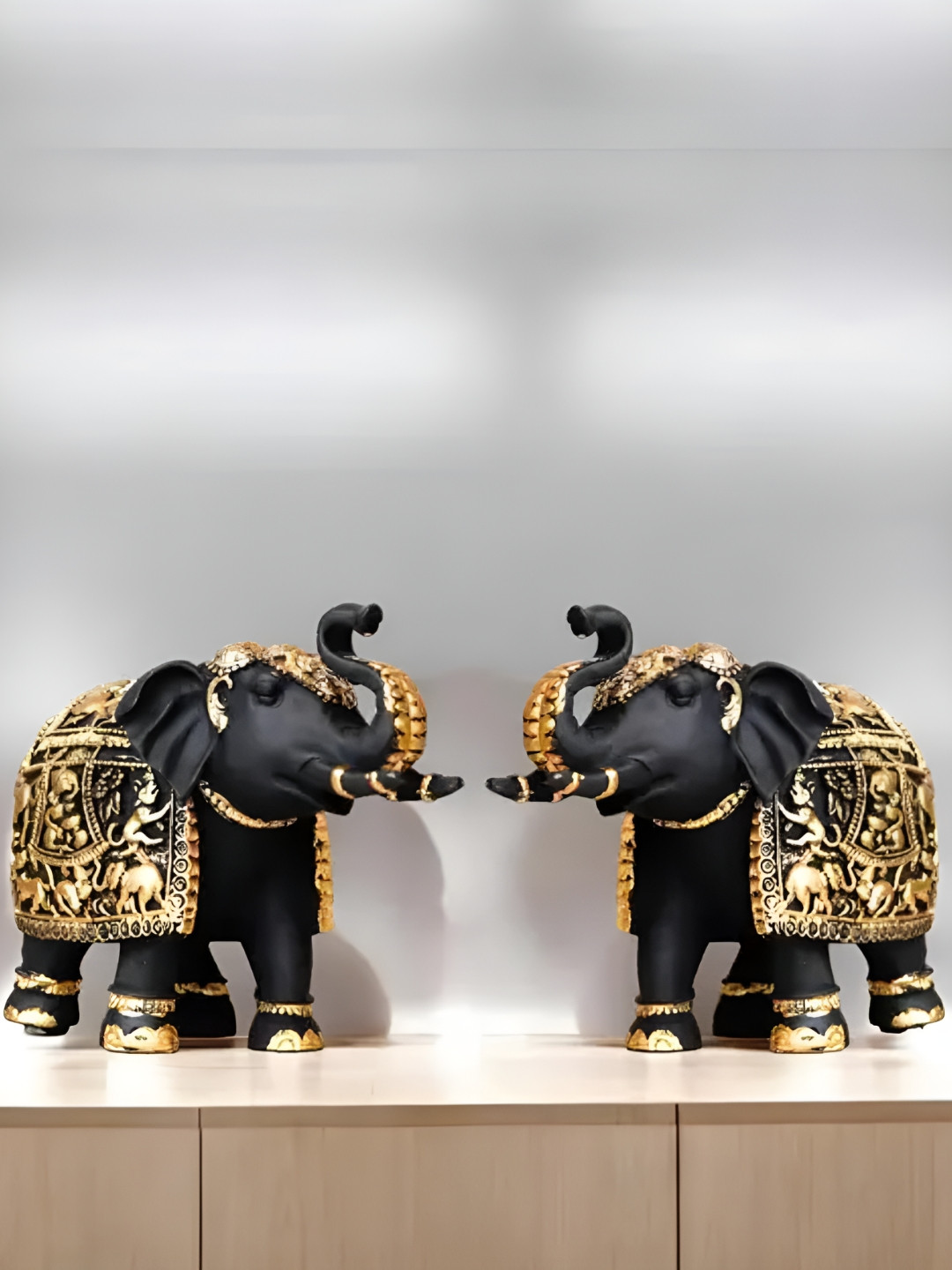 THE SACRED GIFTS Black And Gold Toned 2 Pieces Birds and Animals Figurine Showpiece