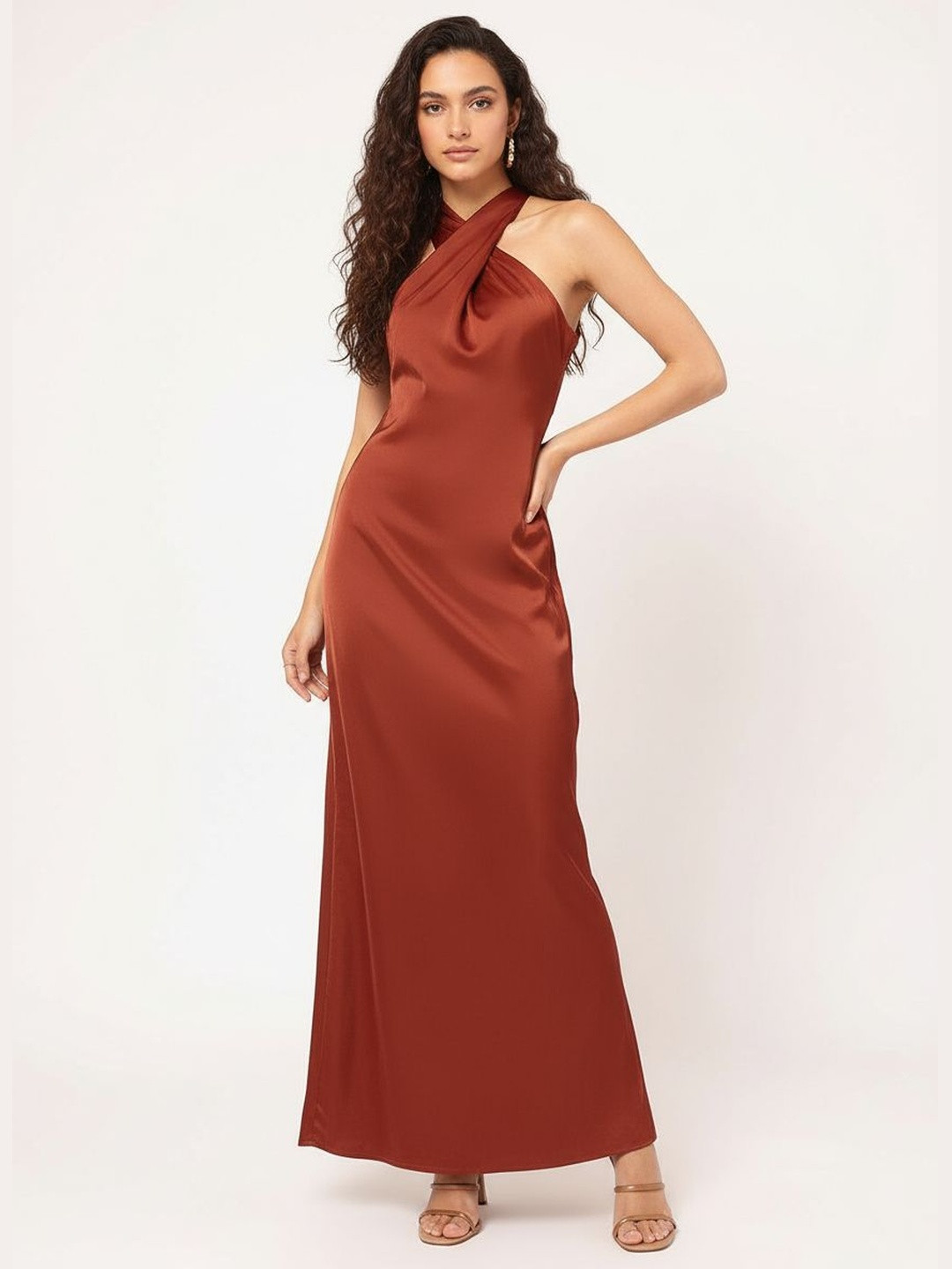 DressBerry Glossy Glam Satin Backless Maxi Dress