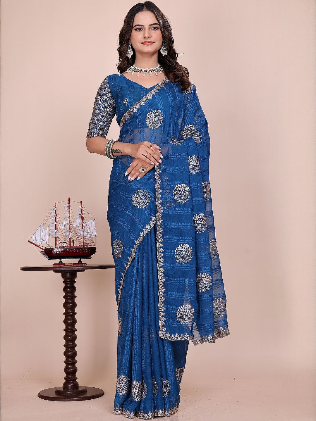 K 5 Fashion Women Ethnic Motifs Embellished Mukaish Heavy Work Saree