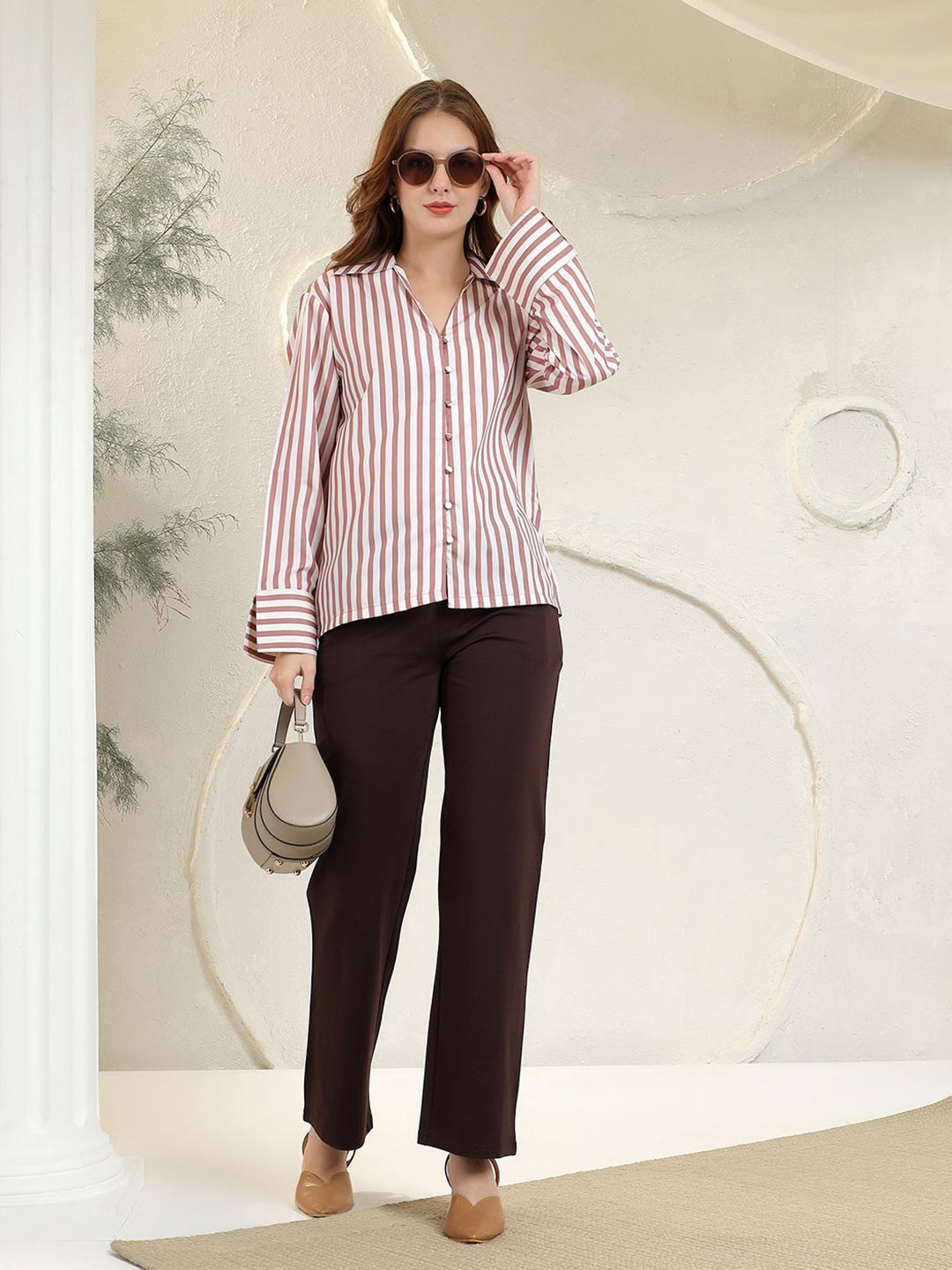 IVY BY KIBO Striped Spread Collar Relaxed Fit Casual Shirt