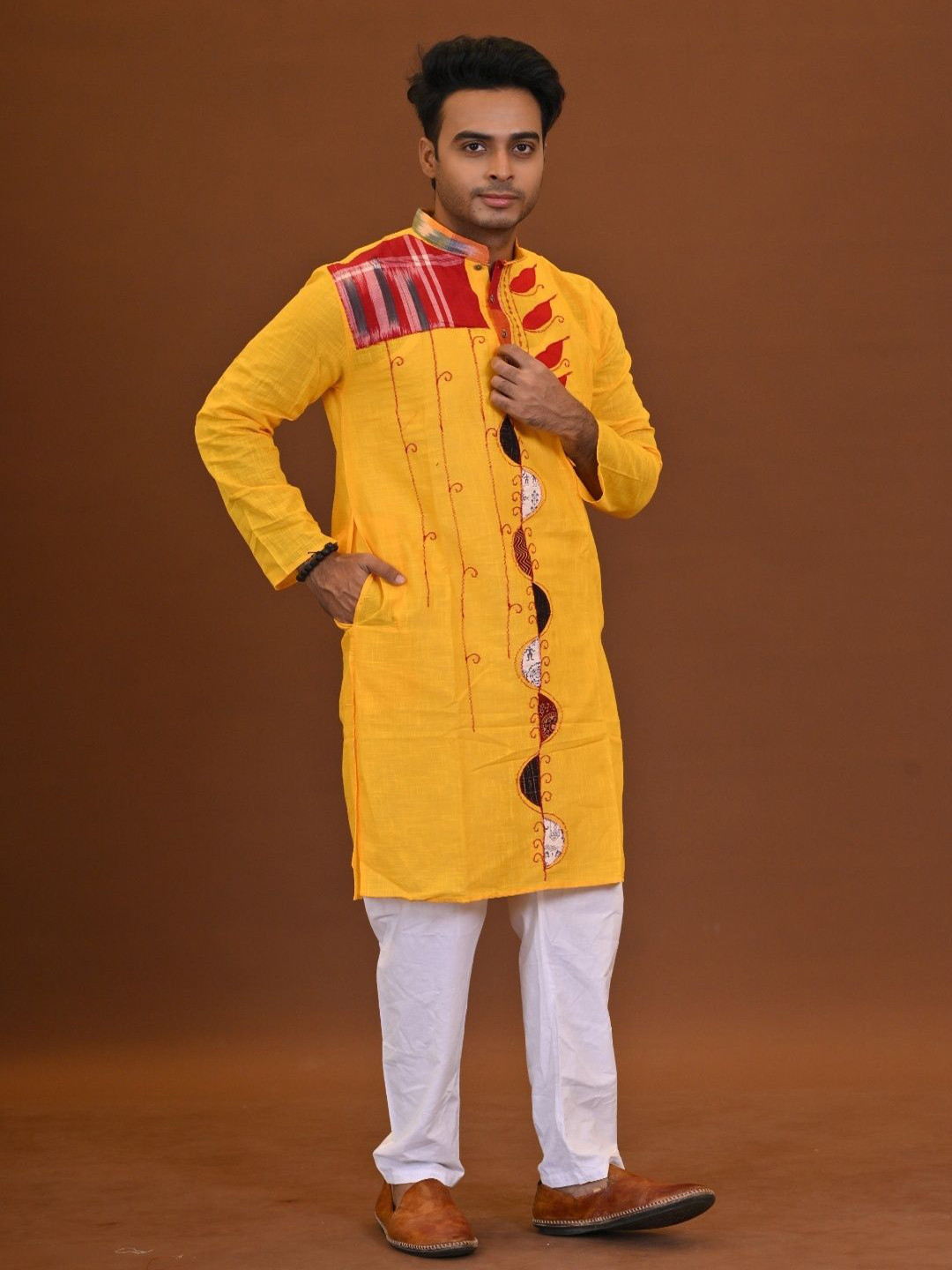 RAM SHYAM collection Men Kantha Work Woven Design Handloom Kurta