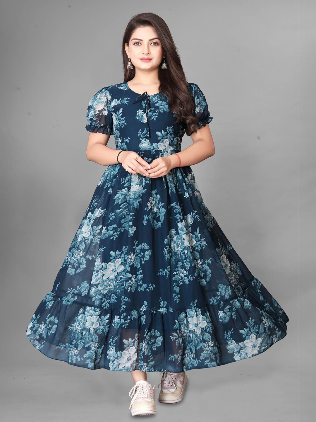QENA Women Floral Printed Puff Sleeve Georgette Fit & Flare Maxi Dress