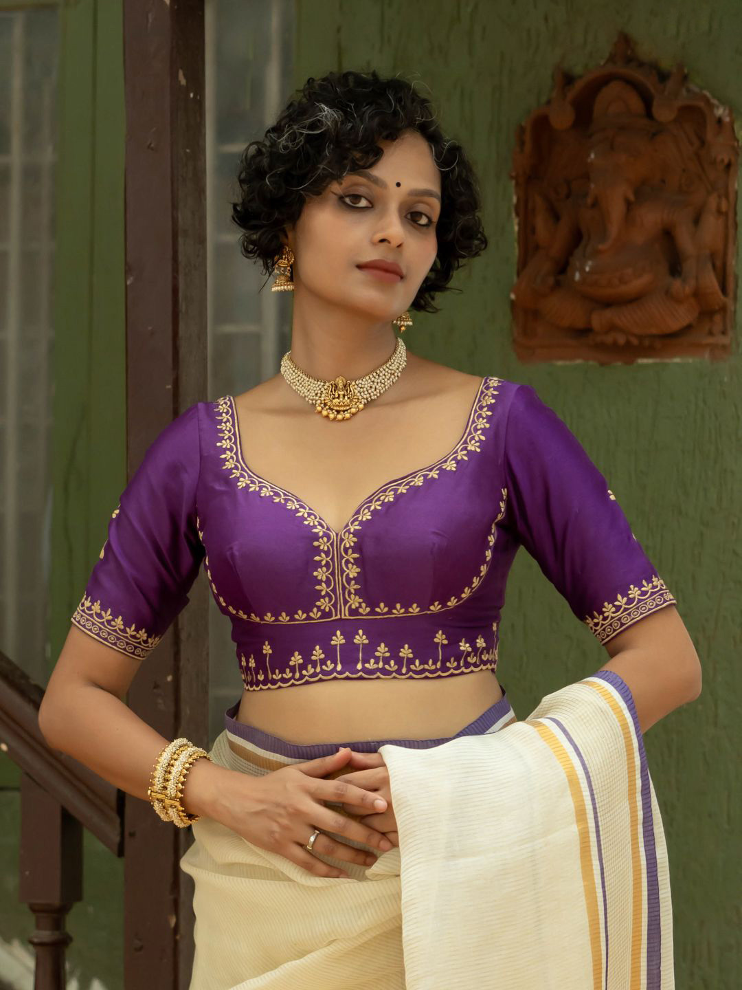 Suta Women Embroidered Sweat Heart-Neck Silk Blouse