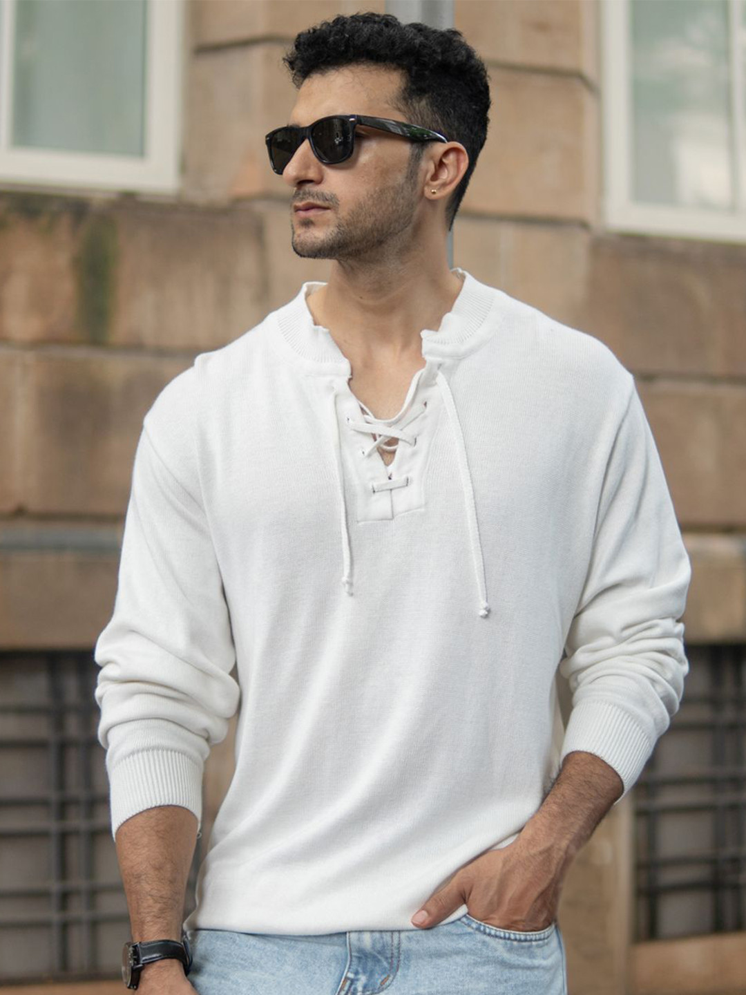 Powerlook Men Solid Henley Neck Oversized Cotton Pullover Sweatshirt