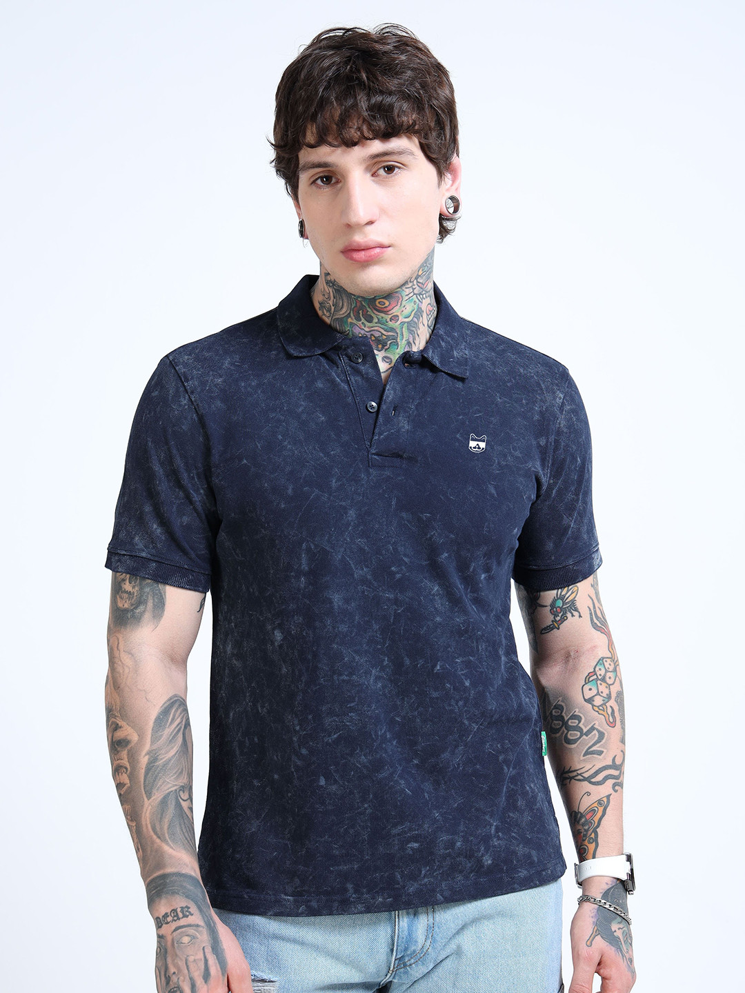 glitchez Men Bio Finish Washed Effect Dyed Polo Collar Cotton T-shirt