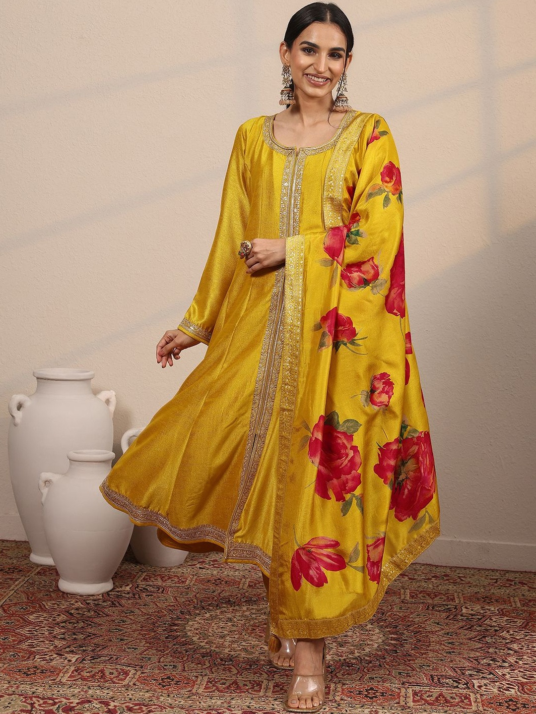Libas Women Floral Panelled Gotta Patti Kurta with Trousers & Dupatta