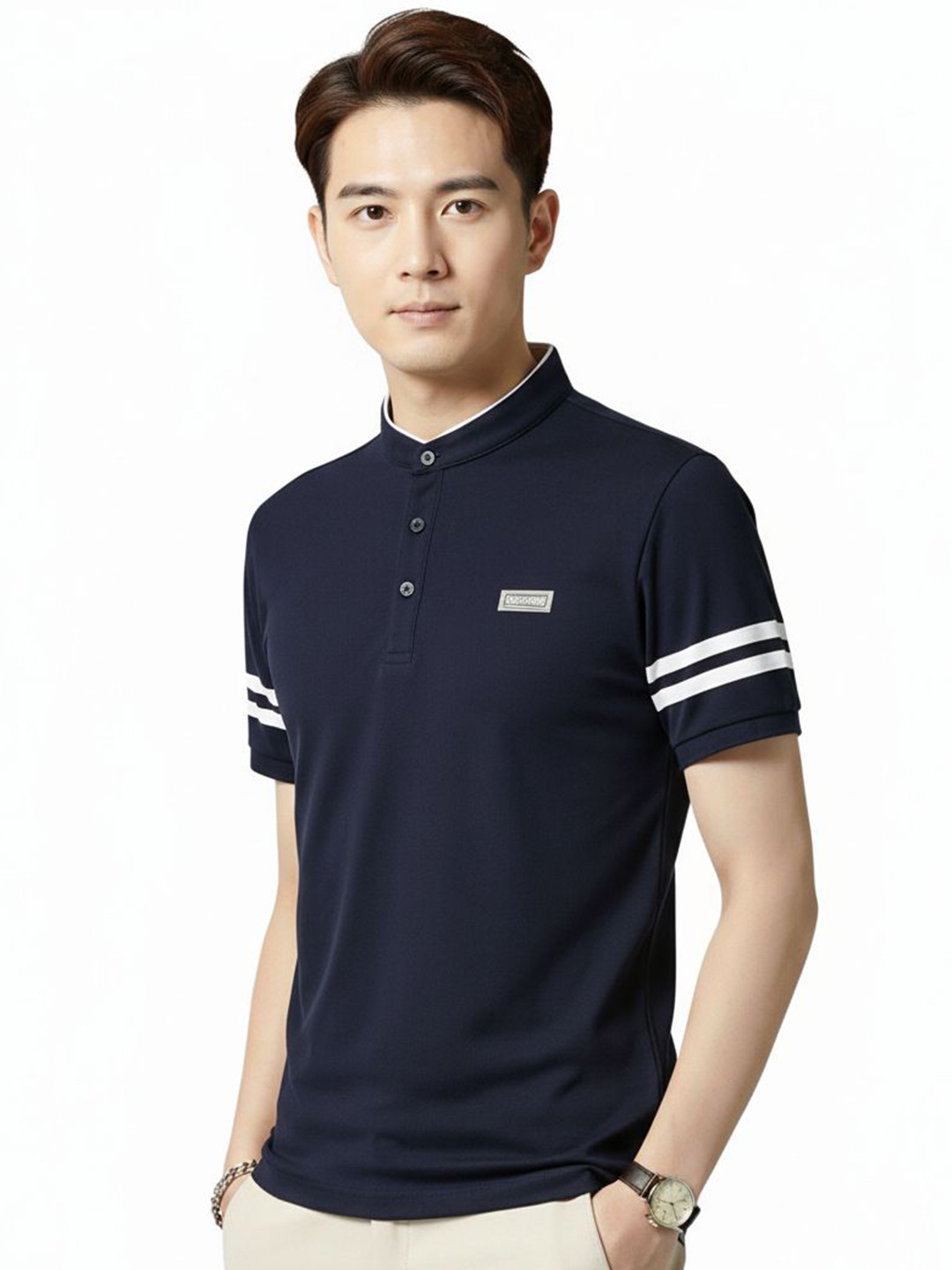 R.Code by The Roadster Lifestyle Co. Men Striped Mandarin Collar T-shirt