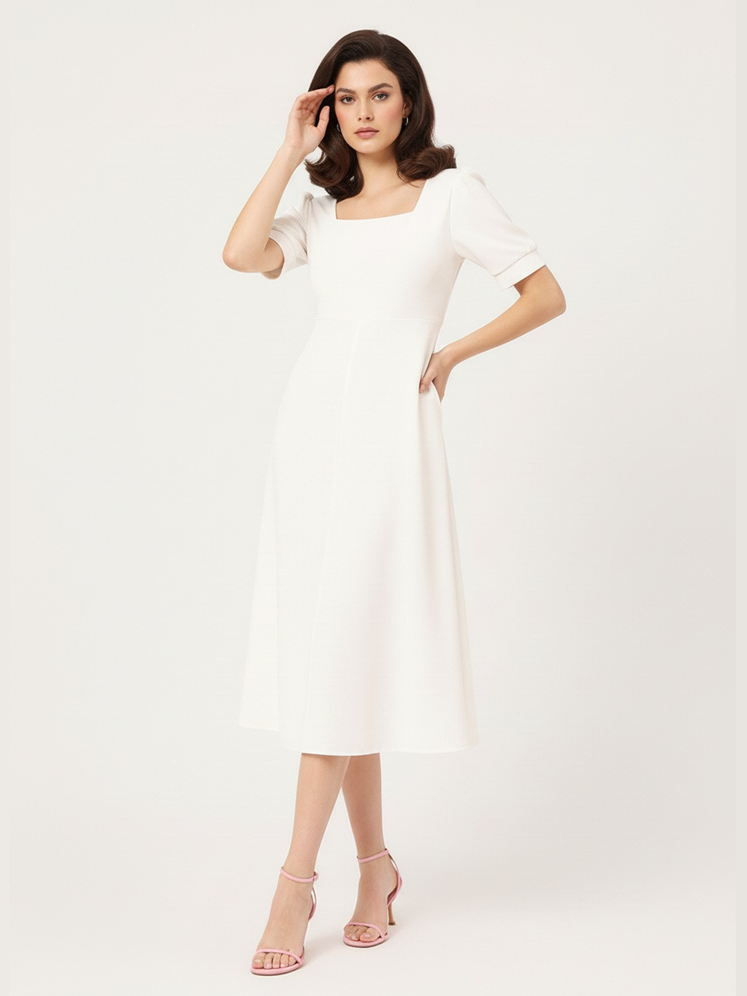 DressBerry Timeless Elegance Puff Sleeve A-Line Midi Dress