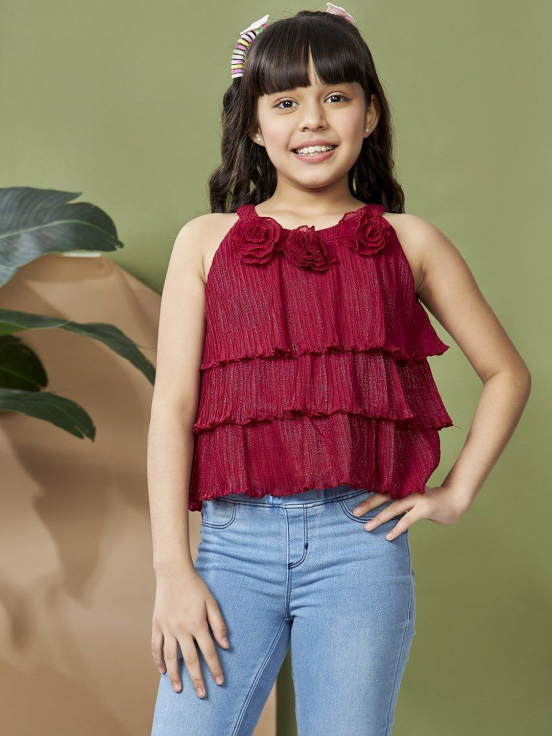Peppermint Girls Self Design Applique Detail Layered  Net A-Line Top