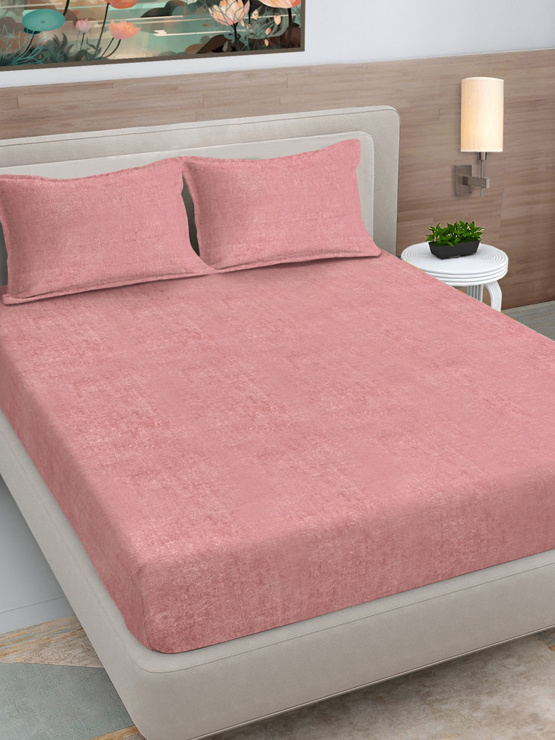 FABINALIV Peach Wool 300 TC Fitted King Fine Bedsheet with 2 Pillow Covers-98 x 89 inches