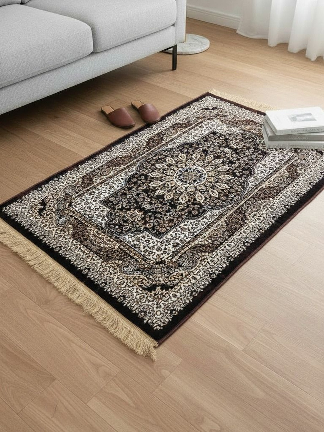 Signature Brown Ethnic Motifs Anti-Skid Polyester Carpet