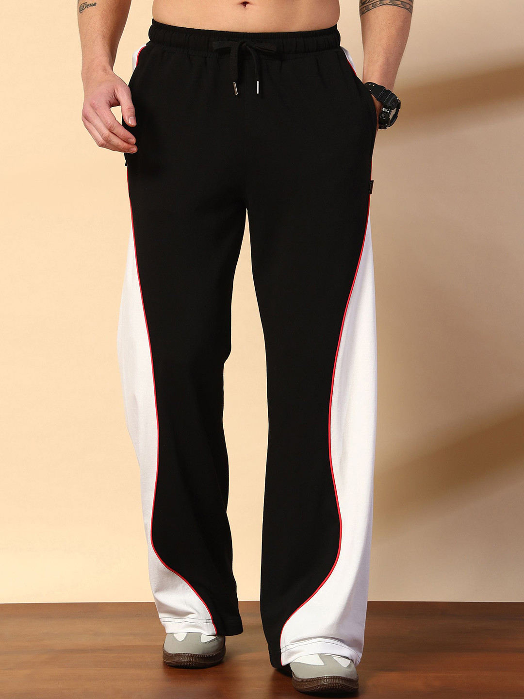 PockMAN Men Colourblocked Curve Pipping Wide Leg Pure Cotton Track Pants