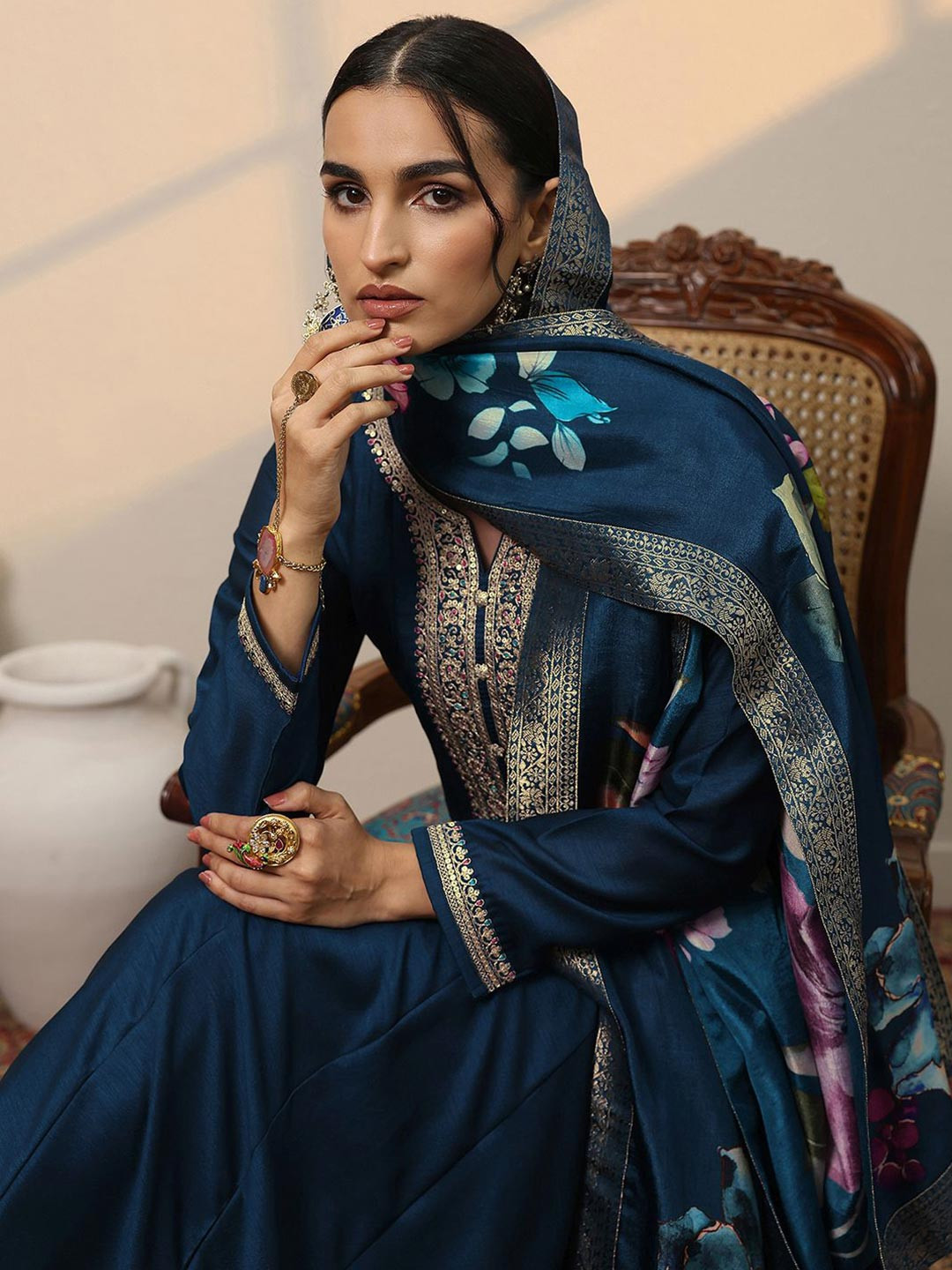 Libas Ethnic Motifs Embroidered Round Neck Flared Anarkali Kurta With Trouser & Dupatta