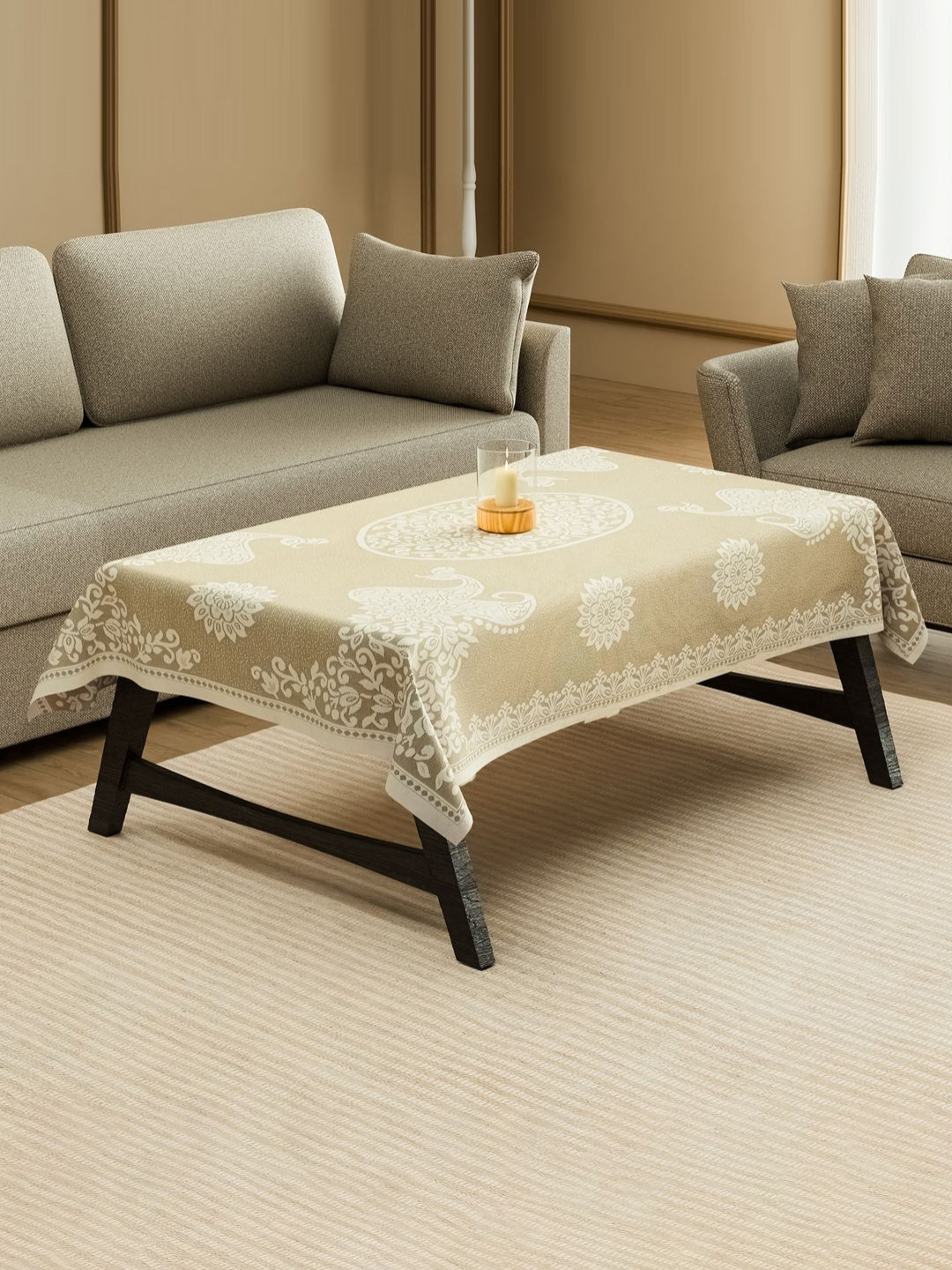 Aura Cream-Coloured & White Floral 4-Seater Anti-Skid Table Cover