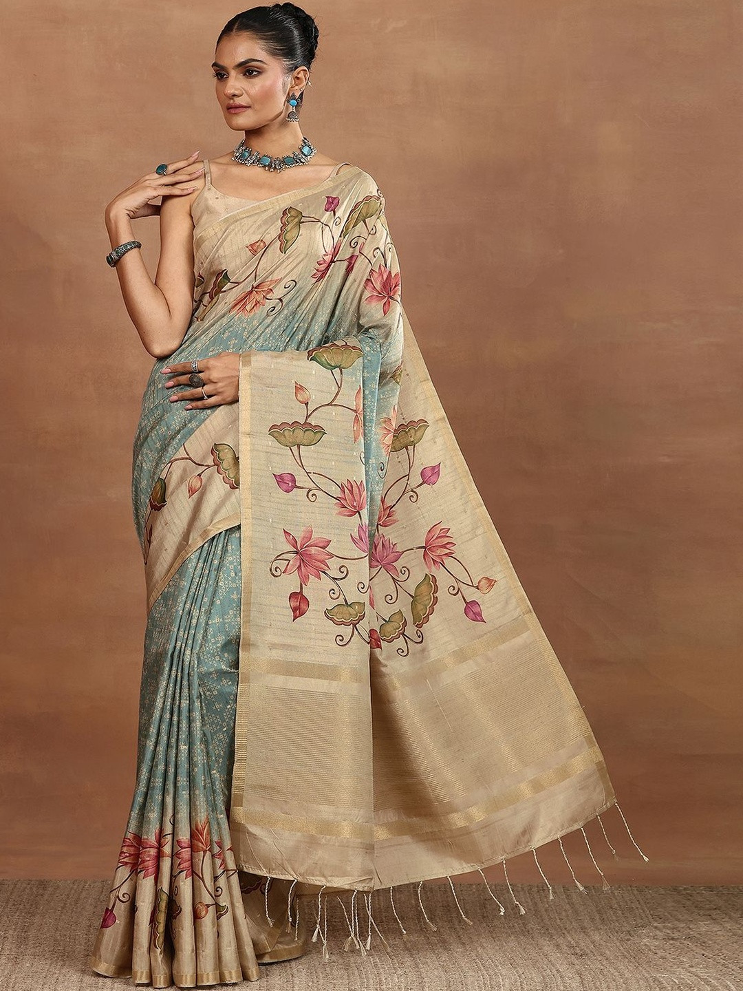 Libas Floral Printed Woven Design Border Saree Wth Blouse Piece