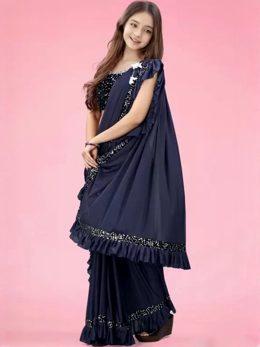 fashion field Solid Embellished Sequinned Ruffles Ready to Wear Saree