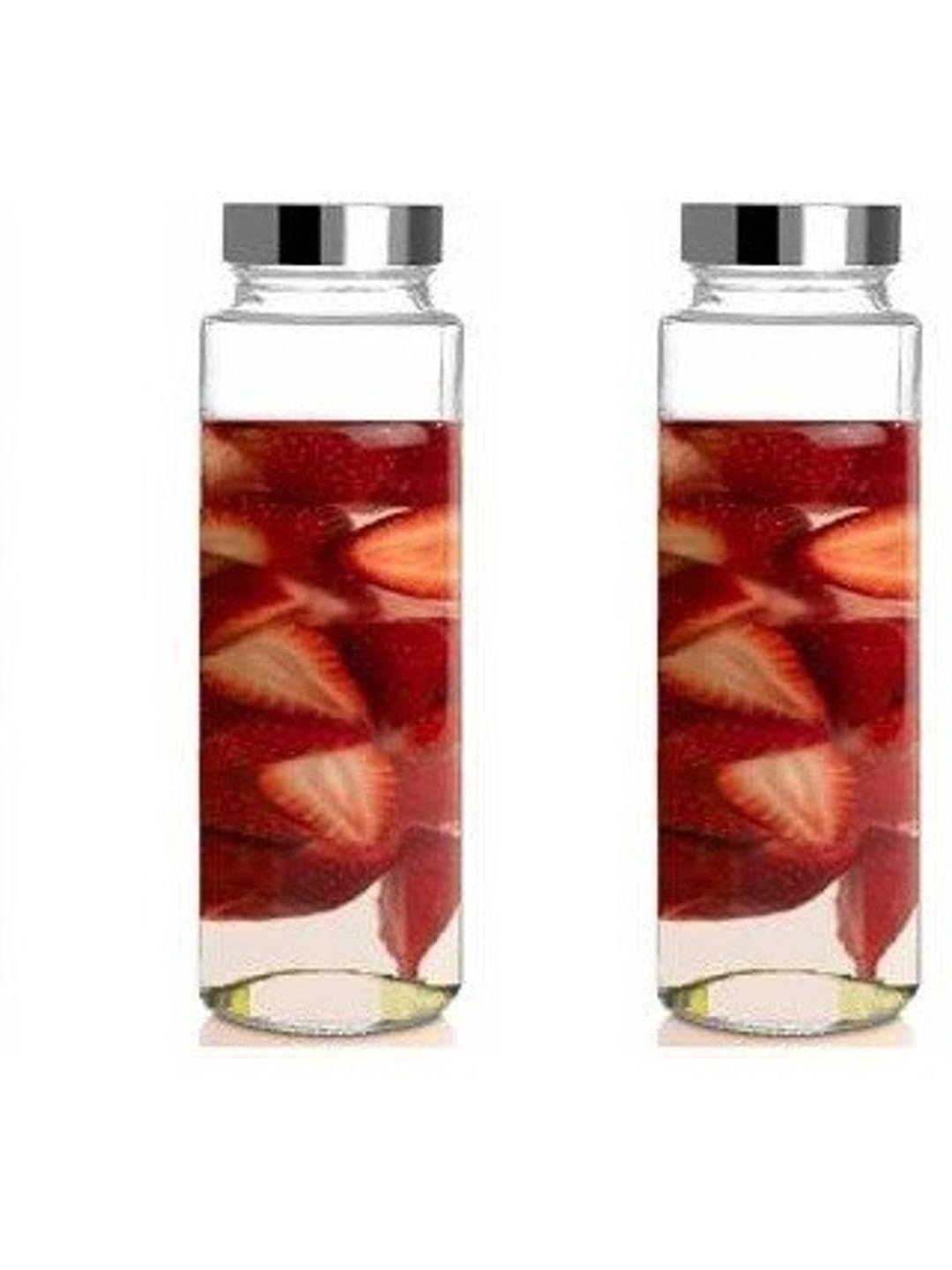 1ST TIME Transparent & Silver-Toned 2 Pieces Glass Freezer Safe Water Bottles-750 ml Each