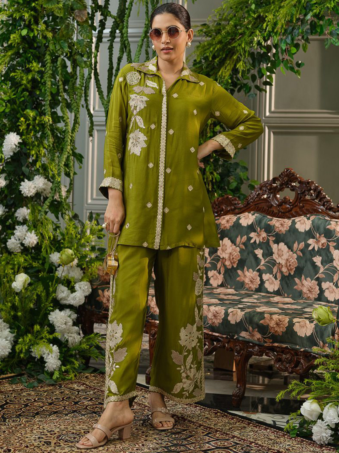 House of Pataudi Embroidered Shirt Collar Chinnon Tunic With Palazzo