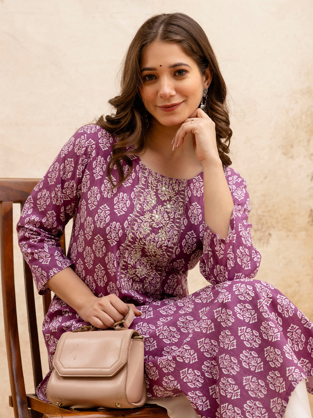 SURHI Floral Printed Mirror Work Round Neck Straight Pure Cotton Kurta