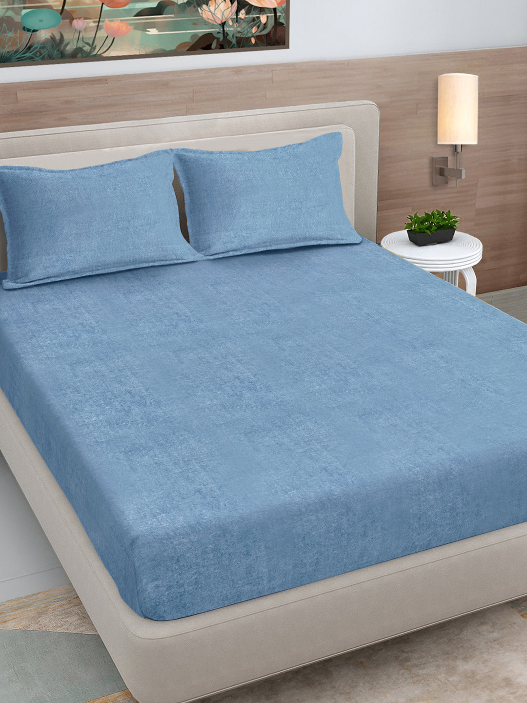 FABINALIV Blue Woolen 300 TC King Bedsheet Set 2.50 m x 2.25 m