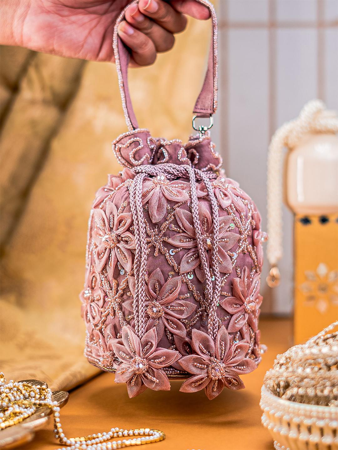 NR By Nidhi Rathi Floral Embellished Satin Potli Clutch