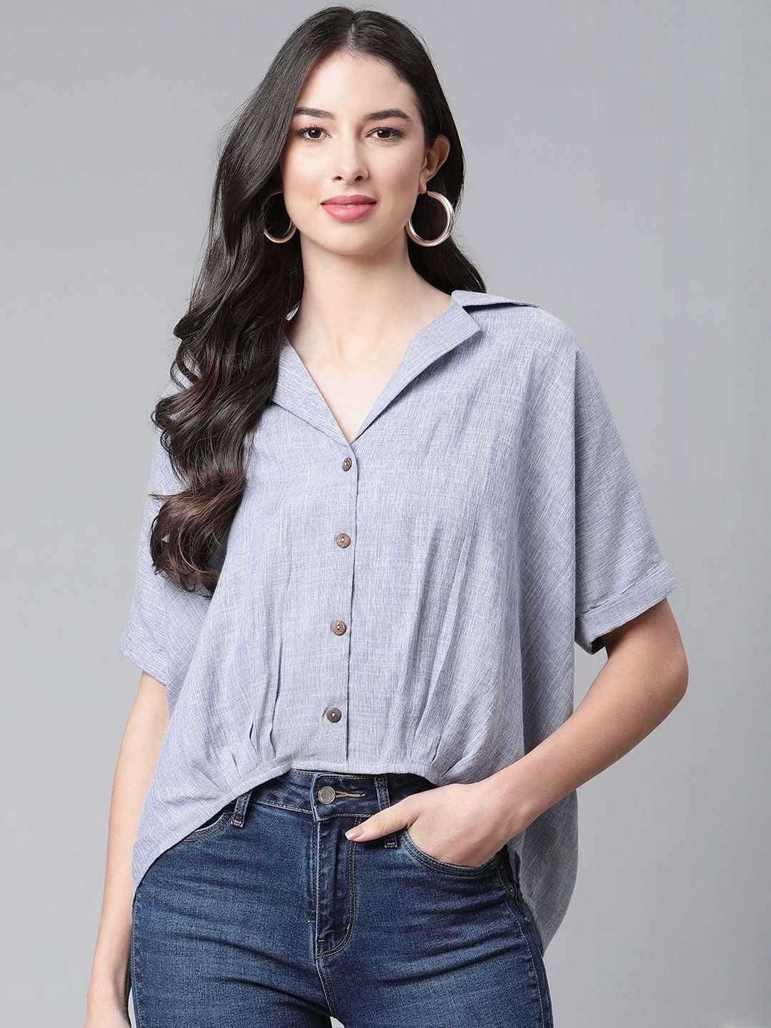 R.Code by The Roadster Life Co. Women Lapel Collar Extended Sleeves Shirt Style Top