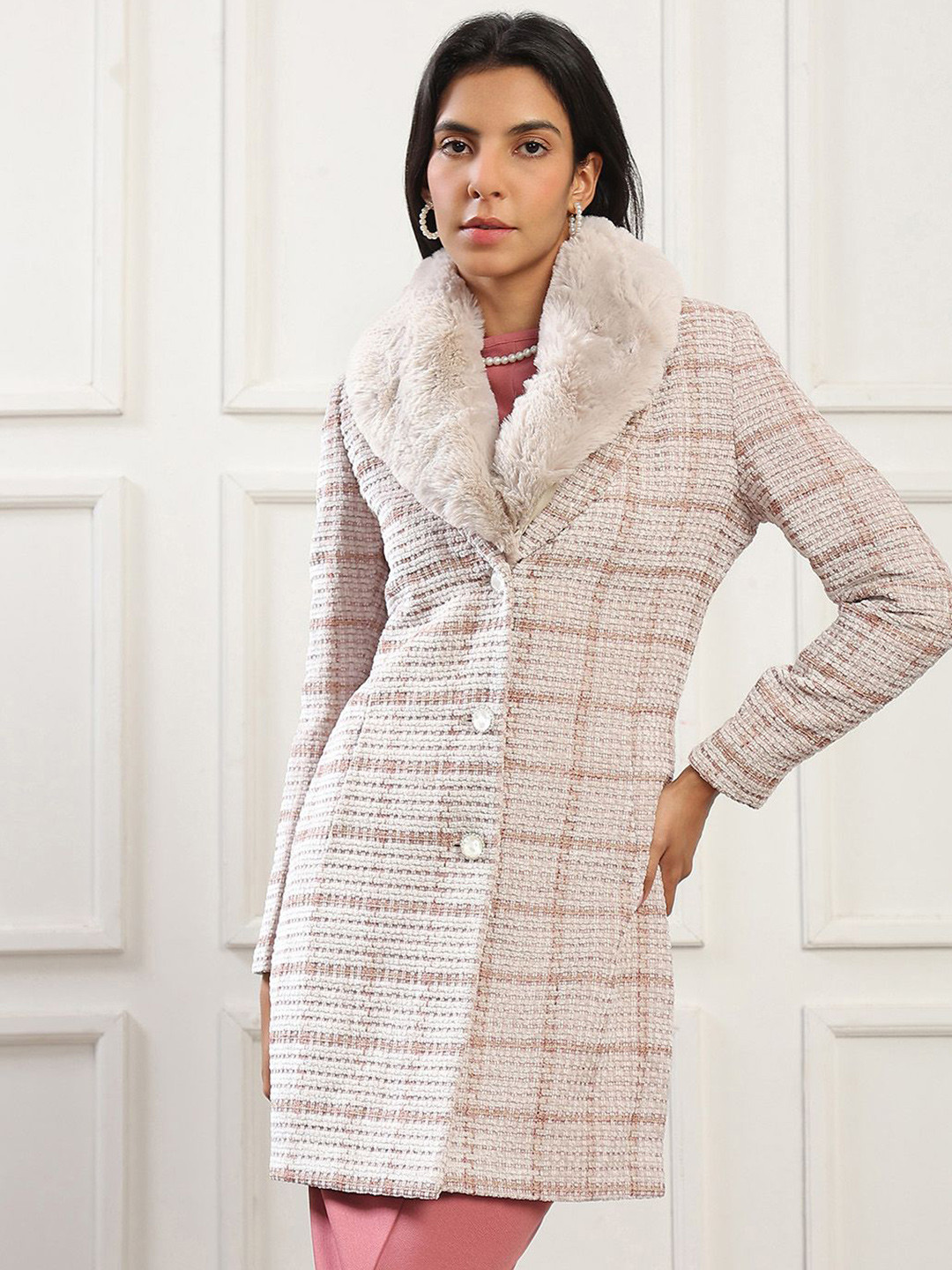 Globus Women Shawl Collar Checkered Hip Length Faux Fur Trim Overcoat